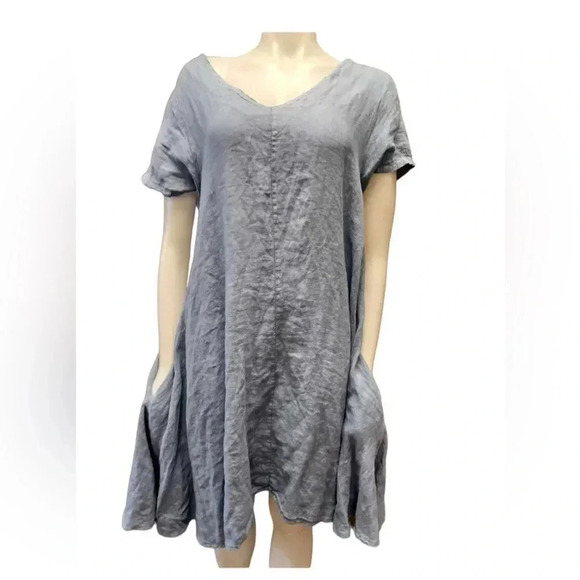 Angela Mara 100% Linen Blue Short Sleeve Asymmetrical Midi Dress Size Large - Picture 3 of 9